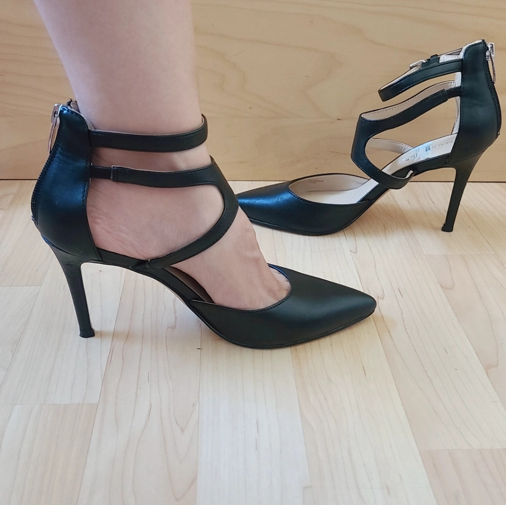Marc Fisher Black Pumps Heels Pointed Toe Ankle Strap Back Zip Size 6